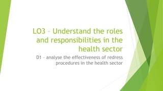 LO3 – Understand the roles
and responsibilities in the
health sector
D1 – analyse the effectiveness of redress
procedures in the health sector
 