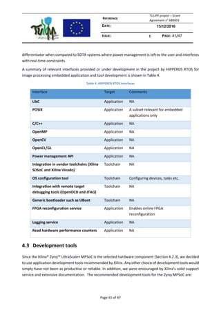 REFERENCE:
TULIPP project – Grant
Agreement n° 688403
DATE: 15/12/2016
ISSUE: 1 PAGE: 41/47
Page 41 of 47
differentiator when compared to SOTA systems where power management is left to the user and interferes
with real-time constraints.
A summary of relevant interfaces provided or under development in the project by HIPPEROS RTOS for
image processing embedded application and tool development is shown in Table 4.
Table 4: HIPPEROS RTOS interfaces
Interface Target Comments
LibC Application NA
POSIX Application A subset relevant for embedded
applications only
C/C++ Application NA
OpenMP Application NA
OpenCV Application NA
OpenCL/GL Application NA
Power management API Application NA
Integration in vendor toolchains (Xilinx
SDSoC and Xilinx Vivado)
Toolchain NA
OS configuration tool Toolchain Configuring devices, tasks etc.
Integration with remote target
debugging tools (OpenOCD and JTAG)
Toolchain NA
Generic bootloader such as UBoot Toolchain NA
FPGA reconfiguration service Application Enables online FPGA
reconfiguration
Logging service Application NA
Read hardware performance counters Application NA
4.3 Development tools
Since the Xilinx® Zynq™ UltraScale+ MPSoC is the selected hardware component (Section 4.2.3), we decided
to use application development tools recommended by Xilinx. Any other choice of development tools would
simply have not been as productive or reliable. In addition, we were encouraged by Xilinx’s solid support
service and extensive documentation. The recommended development tools for the Zynq MPSoC are:
 