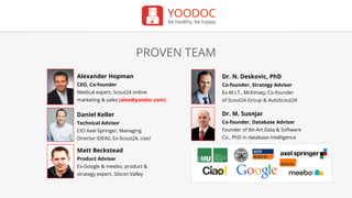 YOODOC
be healthy, be happy
Daniel Keller
Technical Advisor
CIO Axel Springer, Managing
Director IDEAS, Ex-Scout24, ciao!
PROVEN TEAM
Alexander Hopman
CEO, Co-founder
Medical expert, Scout24 online
marketing & sales (alex@yoodoc.com)
Matt Beckstead
Product Advisor
Ex-Google & meebo, product &
strategy expert, Silicon Valley
Dr. N. Deskovic, PhD
Co-founder, Strategy Advisor
Ex-M.I.T., McKinsey, Co-founder
of Scout24 Group & AutoScout24
Dr. M. Susnjar
Co-founder, Database Advisor
Founder of Bit-Art Data & Software
Co., PhD in database intelligence
 