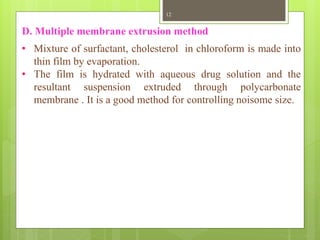 D. Multiple membrane extrusion method
• Mixture of surfactant, cholesterol in chloroform is made into
thin film by evaporation.
• The film is hydrated with aqueous drug solution and the
resultant suspension extruded through polycarbonate
membrane . It is a good method for controlling noisome size.
12
 