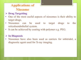  Drug Targetting
• One of the most useful aspects of niosomes is their ability to
target drugs.
• Niosomes can be used to target drugs to the
reticuloendothelial system.
• It can be achieved by coating with polymer e.g. PEG.
 In Diagnosis
• Niosomes have also been used as carriers for iobitridol, a
diagnostic agent used for X-ray imaging.
17
 