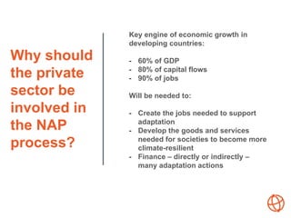 Why should
the private
sector be
involved in
the NAP
process?
Key engine of economic growth in
developing countries:
- 60%...