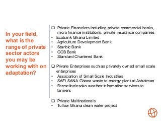 In your field,
what is the
range of private
sector actors
you may be
working with on
adaptation?
 Private Financiers incl...