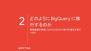 2 どのように BigQuery に移
行するのか
業務継続を考慮しながらどのように移行計画を立案す
べきか
 