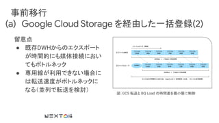 事前移行
(a) Google Cloud Storage を経由した一括登録(2)
留意点
● 既存DWHからのエクスポート
が時間的にも媒体接続におい
てもボトルネック
● 専用線が利用できない場合に
は転送速度がボトルネックに
なる（並列で転送を検討） 図：GCS 転送と BQ Load の時間差を最小限に制御
 
