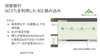 切替移行
(e) ETLを利用した BQ 読み込み
メリット
● 恒常的なデータ連携として利
用可能
● GUIで設定可能
● 購入が容易(Marketplaceか
ら提供,SaaSではないため外
部にデータが送信されない）
https://www.matillion.com/
 