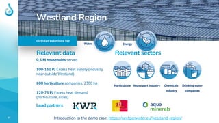 57
Circular solutions for
Water
Westland Region
Relevant data Relevant sectors
Horticulture Heavy port industry Chemicals
...