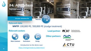 90
#4. Altenrhein
Switzerland
Circular solutions for
Materials
WWTP: 100,000 PE; 300,000 PE (sludge treatment)
Relevant sectors
Horticulture
Water treatment
Relevant data
Energy
Lead partner:
Other partners:
Introduction to the demo case:
https://nextgenwater.eu/altenrhein/
 