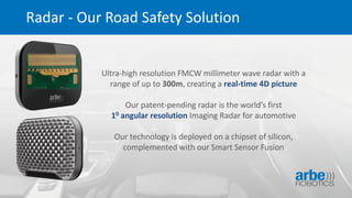 Radar - Our Road Safety Solution
Ultra-high resolution FMCW millimeter wave radar with a
range of up to 300m, creating a real-time 4D picture
Our patent-pending radar is the world’s first
10 angular resolution Imaging Radar for automotive
Our technology is deployed on a chipset of silicon,
complemented with our Smart Sensor Fusion
 