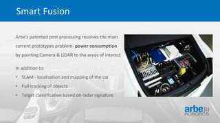 Smart Fusion
Arbe’s patented post processing resolves the main
current prototypes problem: power consumption
by pointing Camera & LiDAR to the areas of interest
In addition to:
• SLAM - localization and mapping of the car
• Full tracking of objects
• Target classification based on radar signature
 