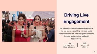 Driving Live
Engagement
15
We showed up at the SAG red carpet with a
live pre-show, a sparkling, mirrored social
video booth and real time thoughtful questions
from our audience that really did
#askhermore.
1.6M
v i e w s o n
l i v e s t r e a m
28M
c o n t e n t
v i e w s
 
