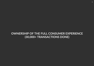 OWNERSHIP OF THE FULL CONSUMER EXPERIENCE
(30,000+ TRANSACTIONS DONE)
8
 