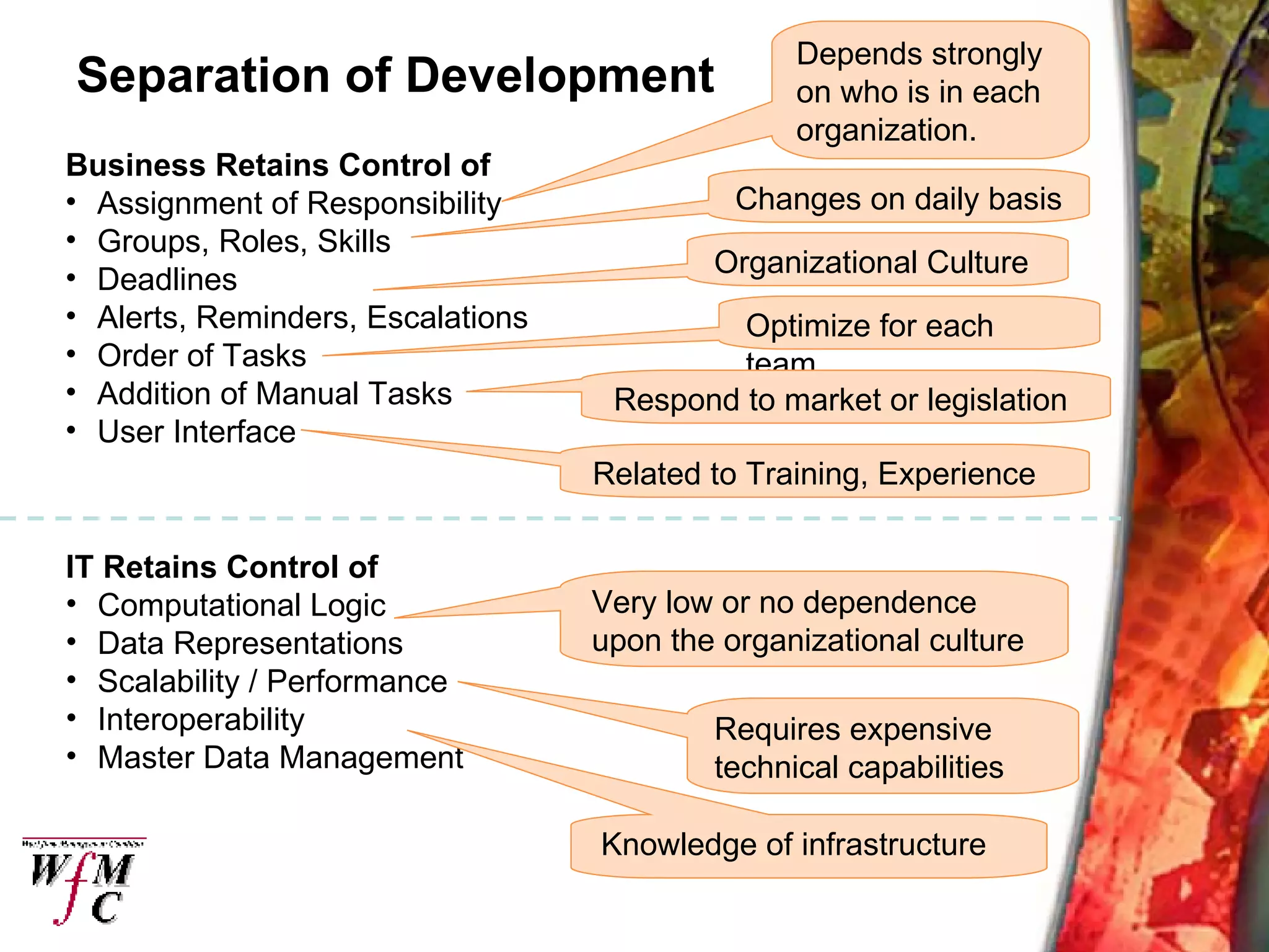 Separation of Development Business Retains Control of Assignment of Responsibility Groups, Roles, Skills Deadlines Alerts, Reminders, Escalations Order of Tasks Addition of Manual Tasks User Interface IT Retains Control of Computational Logic Data Representations Scalability / Performance Interoperability Master Data Management Depends strongly on who is in each organization. Changes on daily basis Organizational Culture Optimize for each team Respond to market or legislation Related to Training, Experience Requires expensive technical capabilities Very low or no dependence upon the organizational culture Knowledge of infrastructure Who? When? What? How? 