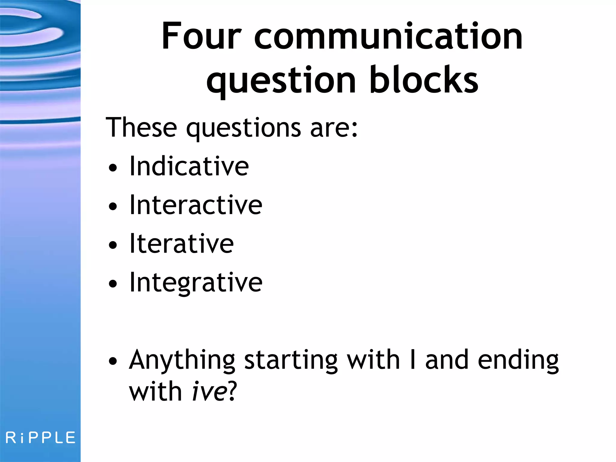 Four communication question blocks These questions are: Indicative Interactive Iterative Integrative Anything starting with I and ending with  ive ? 