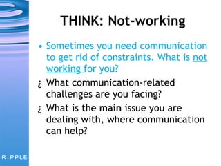 THINK: Not-working Sometimes you need communication to get rid of constraints. What is  not working  for you? What communication-related challenges are you facing? What is the  main  issue you are dealing with, where communication can help?  