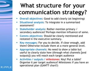 What structure for your communication strategy? Overall objectives : Good to add clearly (at beginning) Situational analysis : To integrate in a summarised assessment? Stakeholder analysis : Rather mention primary / secondary audiences? Perhaps mention influence of some. Comms objectives : Should be clearly mentioned and restated in the executive summary. Key messages : For you to decide. If clear enough, add them? Otherwise include them at a more general level. Appropriate channels : No need to show a table but useful to clearly state how (through what channels [and outputs]) you will reach each target audience Activities / outputs /  milestones : Key! Put a table? Organise it per target audience? Milestones if you have an operational plan (GANTT chart?) 