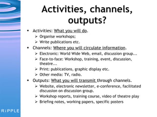 Activities, channels, outputs? Activities:  What you will do . Organise workshops; Write publications etc. Channels:  Where you will circulate information . Electronic: World Wide Web, email, discussion group... Face-to-face: Workshop, training, event, discussion, theatre... Print: publications, graphic display etc. Other media: TV, radio. Outputs:  What you will transmit  through channels. Website, electronic newsletter, e-conference, facilitated discussion on discussion group. Workshop reports, training course, video of theatre play Briefing notes, working papers, specific posters 