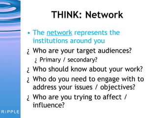 THINK: Network The  network  represents the institutions around you Who are your target audiences?  Primary / secondary? Who should know about your work? Who do you need to engage with to address your issues / objectives?  Who are you trying to affect / influence? 