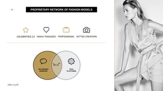 - - PROPRIETARY NETWORK OF FASHION MODELS
VETTED CREATORSPROFESSIONALHIGHLY ENGAGEDCELEBRITIES 2.0
5
5
TECH
PLATFORMS
INFLUENCER
AGENCIES
 