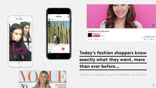 Today’s fashion shoppers know
exactly what they want, more
than ever before…
Influencers, Instagram, Snapchat, Facebook, You Tube, etc.
3
 