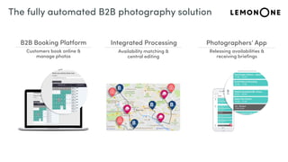 Photographers’ App
Releasing availabilities &
receiving briefings
B2B Booking Platform Integrated Processing
+
Availability matching &
central editing
Customers book online &
manage photos
The fully automated B2B photography solution
 