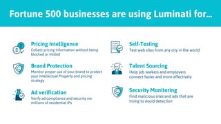 Fortune 500 businesses are using Luminati for...
Pricing Intelligence
Collect pricing information without being
blocked or misled
Brand Protection
Monitor proper use of your brand to protect
your Intellectual Property and pricing
strategy
Ad verification
Verify ad compliance and security via
millions of residential IPs
Self-Testing
Test web sites from any city in the world
Talent Sourcing
Help job seekers and employers
connect faster and more effectively
Security Monitoring
Find malicious sites and ads that are
trying to avoid detection
 