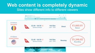 Web content is completely dynamic
Sites show different info to different viewers
IP Address
Romania
IP Address
United States
22:40 – 06:30 +2
Qantas Airways
22:40 – 06:30 +2
Qantas Airways
14h 50m
LAX – SYD
14h 50m
LAX – SYD
Direct
Nonstop
€1,665.01
Return
$1,346.82
Roundtrip
 