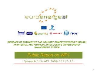 Public Report on WP1
Deliverable D1.3 / WP1 / TASKs 1.1 / 1.2 / 1.3
INCREASE OF AUTOMOTIVE CAR INDUSTRY COMPETITIVENESS THROUGH
AN INTEGRAL AND ARTIFICIAL INTELLIGENCE DRIVEN ENERGY
MANAGEMENT SYSTEM
1
 
