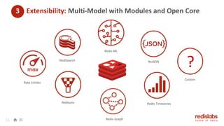 11
Redis-ML
RediSearch ReJSON
Redis-Timeseries
Redis-Graph
Rebloom
Custom
?
Rate Limiter
Extensibility: Multi-Model with Modules and Open Core3
 
