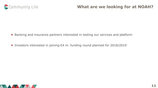 What are we looking for at NOAH?
11
 Banking and insurance partners interested in testing our services and platform
 Investors interested in joining €4 m. funding round planned for 2018/2019
 