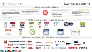 900+ press mentions and 2.600.000+ € in ad equivalent
Platform and products receive top awards
Awards for platform
eKomi rating 4.7 of 5 stars
58
NPS
 