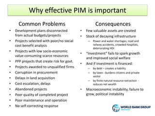 Why effective PIM is important
Common Problems
• Development plans disconnected
from actual budgets/projects
• Projects selected with poor/no social
cost benefit analysis
• Projects with low socio-economic
value consuming scarce resources
• PPP projects that create risk for govt.
• Projects awarded to unqualified firms
• Corruption in procurement
• Delays in land acquisition
• Cost escalation, delays
• Abandoned projects
• Poor quality of completed project
• Poor maintenance and operation
• No self-correcting response
Consequences
• Few valuable assets are created
• Stock of decaying infrastructure
– Power and water shortages, road and
railway accidents, crowded hospitals,
deteriorating HDI
• “Investment” fails to spark growth
and improved social welfare
• And if investment is financed:
– by debt – creates a liability
– by taxes - burdens citizens and private
sector
– by finite natural resource extraction -
reduces net wealth
• Macroeconomic instability, failure to
grow, political instability
 