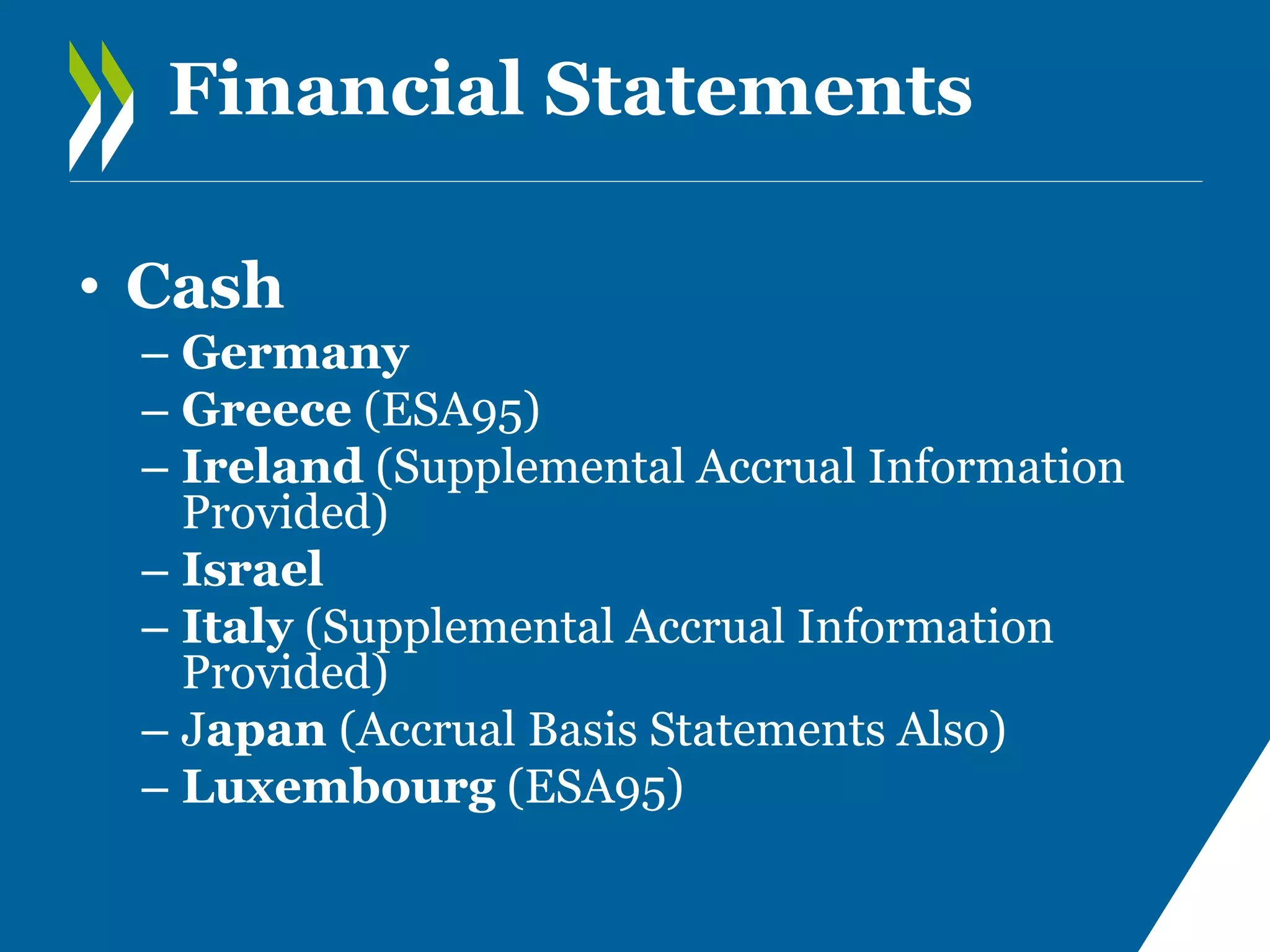 Financial Statements
• Cash
– Germany
– Greece (ESA95)
– Ireland (Supplemental Accrual Information
Provided)
– Israel
– Italy (Supplemental Accrual Information
Provided)
– Japan (Accrual Basis Statements Also)
– Luxembourg (ESA95)

 