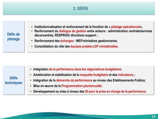23
23
• Institutionnalisation et renforcement de la fonction de « pilotage opérationnel»,
• Renforcement du dialogue de gestion entre acteurs : administration centrale/services
déconcentrés, RESPROG/ directions support ;
• Renforcement des échanges : MEF/ministères gestionnaires,
• Consolidation du rôle des équipes projets-LOF ministérielles.
Défis de
pilotage
• Intégration de la performance dans les négociations budgétaires
• Amélioration et stabilisation de la maquette budgétaire et des indicateurs ;
• Intégration de la démarche de performance au niveau des Etablissements Publics;
• Mise en œuvre de la Programmation pluriannuelle;
• Développement ou mise à niveau des SI pour la prise en charge de la performance.
Défis
techniques
 