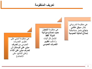 8
‫تعريف‬‫المنظومة‬
‫على‬ ‫تنبني‬ ‫منظومة‬ ‫هي‬
‫التصرف‬ ‫تطوير‬
‫من‬ ‫العمومي‬‫تصرف‬
‫الوسائل‬ ‫على‬ ‫مبني‬‫إلى‬
‫األداء‬ ‫على‬ ‫مبني‬ ‫تصرف‬
(‫على‬ ،‫النتائج‬ ‫على‬
‫األهداف‬)
‫منظومة‬ ‫هي‬‫تتجاوز‬
‫ميزانية‬ ‫إصالح‬ ‫حدود‬
‫فقط‬ ‫الدولة‬
‫آليات‬ ‫كل‬ ‫لتشمل‬
‫وأساليب‬‫تطوير‬
‫العمومي‬ ‫التصرف‬
‫في‬ ‫تندرج‬ ‫منظومة‬ ‫هي‬
‫إطار‬‫عالمي‬ ‫سياق‬
‫ودولي‬‫بديناميكية‬ ‫يتميز‬
‫العمومية‬ ‫المالية‬ ‫إصالح‬
 