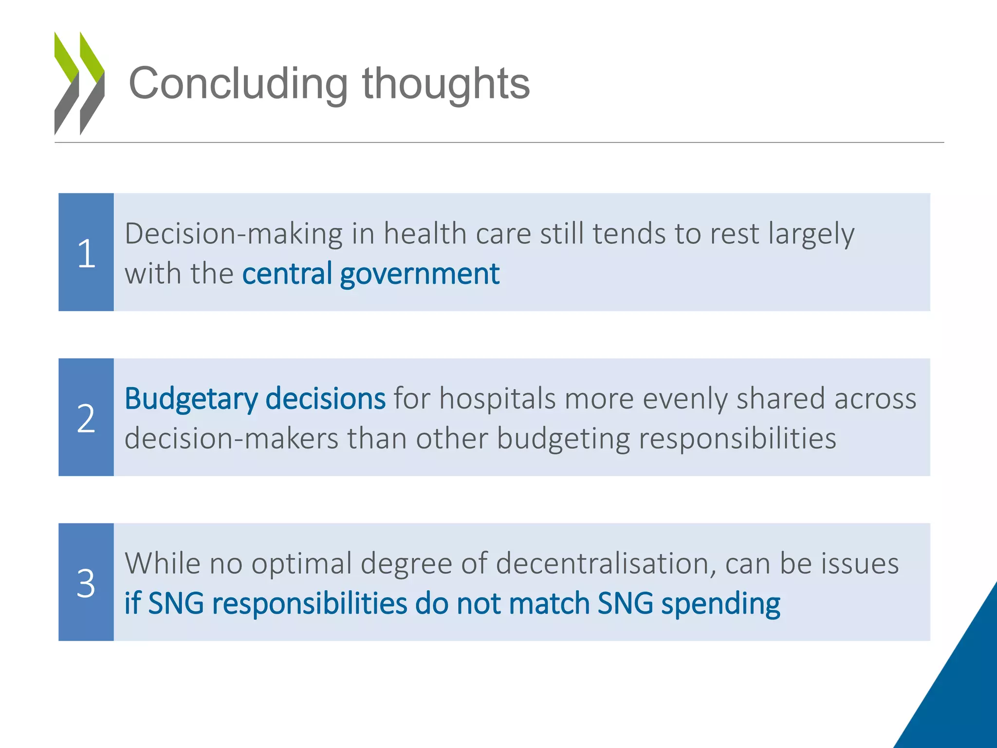 Concluding thoughts
Budgetary decisions for hospitals more evenly shared across
decision-makers than other budgeting responsibilities
While no optimal degree of decentralisation, can be issues
if SNG responsibilities do not match SNG spending
2
3
Decision-making in health care still tends to rest largely
with the central government1
 