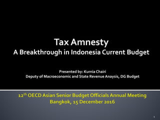 Tax Amnesty
A Breakthrough in Indonesia Current Budget
1
Presented by: Kurnia Chairi
Deputy of Macroeconomic and State Revenue Anaysis, DG Budget
 