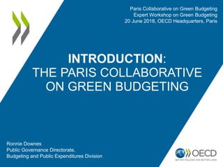 INTRODUCTION:
THE PARIS COLLABORATIVE
ON GREEN BUDGETING
Ronnie Downes
Public Governance Directorate,
Budgeting and Public Expenditures Division
Paris Collaborative on Green Budgeting
Expert Workshop on Green Budgeting
20 June 2018, OECD Headquarters, Paris
 