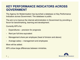 KEY PERFORMANCE INDICATORS ACROSS
GOVERNMENT
The Agency for Modernisation has launched a database on Key Performance
Indicators across Government. The database is public.
The aim is to improve the internal administration in Government by providing a
forum for benchmarking, learning and development.
Currently KPI’s for:
- Expenditures – precision for prognosis
- Rent per full time equivalent
- Management share per employee (head of division and above)
- Average salary – management and employees
More will be added.
KPI’s show large differences between ministries.
10-Jun-14
5
 