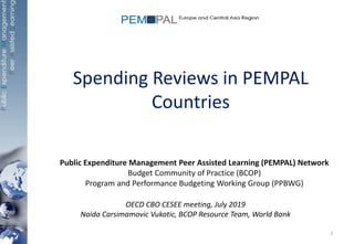 Spending Reviews in PEMPAL
Countries
Public Expenditure Management Peer Assisted Learning (PEMPAL) Network
Budget Community of Practice (BCOP)
Program and Performance Budgeting Working Group (PPBWG)
OECD CBO CESEE meeting, July 2019
Naida Carsimamovic Vukotic, BCOP Resource Team, World Bank
1
 