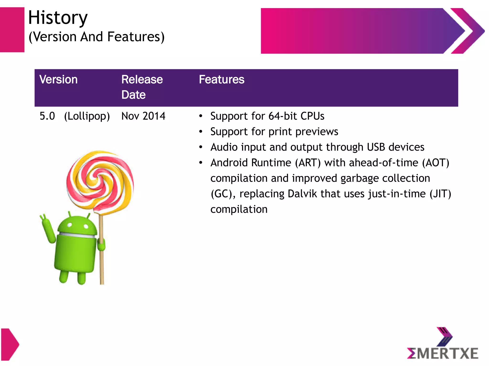 Version Release Date Features 5.0 (Lollipop) Nov 2014  Support for 64-bit CPUs  Support for print previews  Audio input and output through USB devices  Android Runtime (ART) with ahead-of-time (AOT) compilation and improved garbage collection (GC), replacing Dalvik that uses just-in-time (JIT) compilation History (Version And Features) 