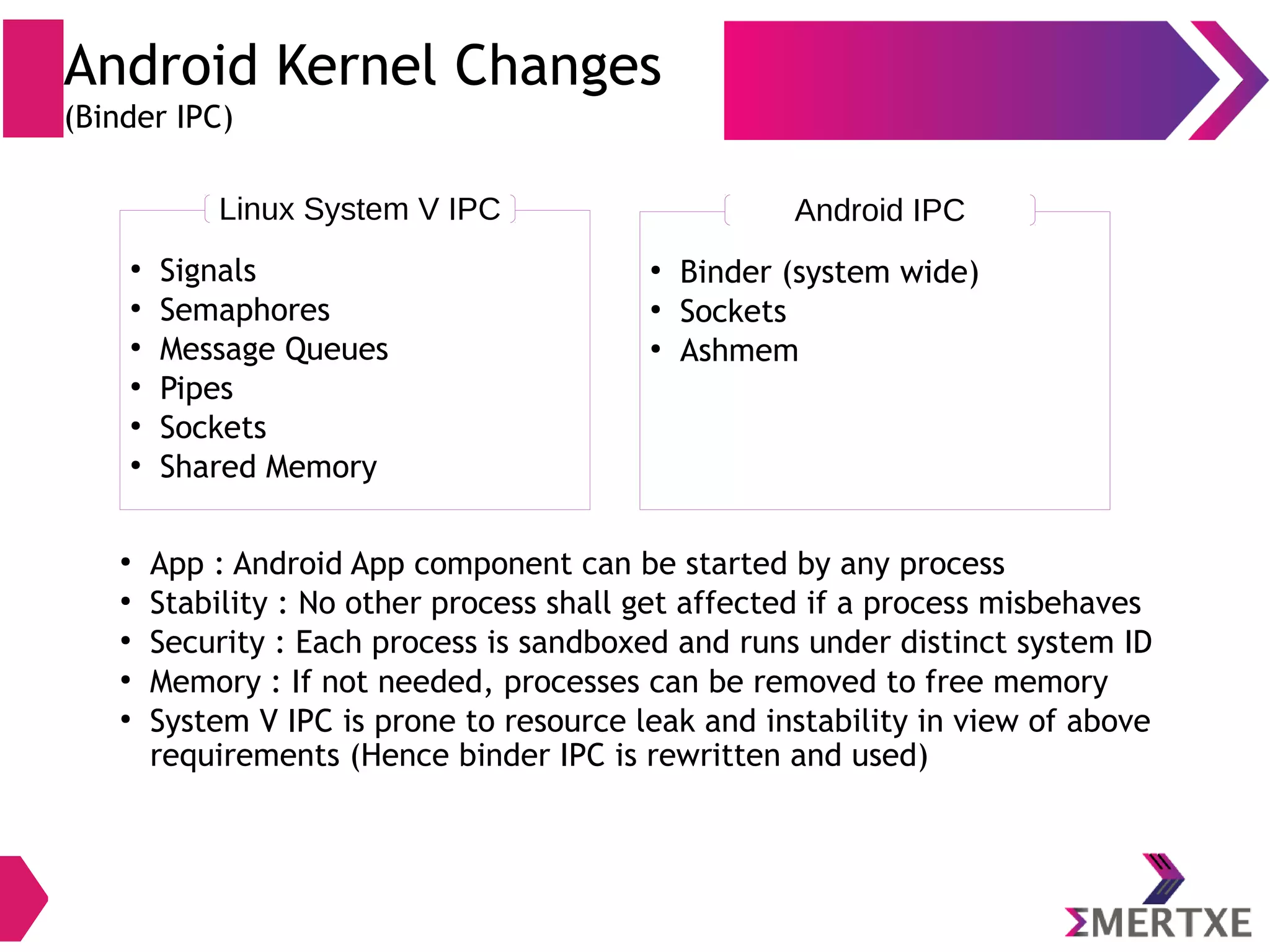 Android Kernel Changes (Wakelocks) ● Linux has two power management methods – APM ( Advanced Power Management) – ACPI ( Advanced Configuration and Power Interface) ● Android uses none of them ● Android has its own Power Manager (app centric) ● Android Apps have to request “wakelock” ● Wakelock prevent host CPU to go to sleep mode ● If no wakelocks are held, PM will put device in sleep mode 