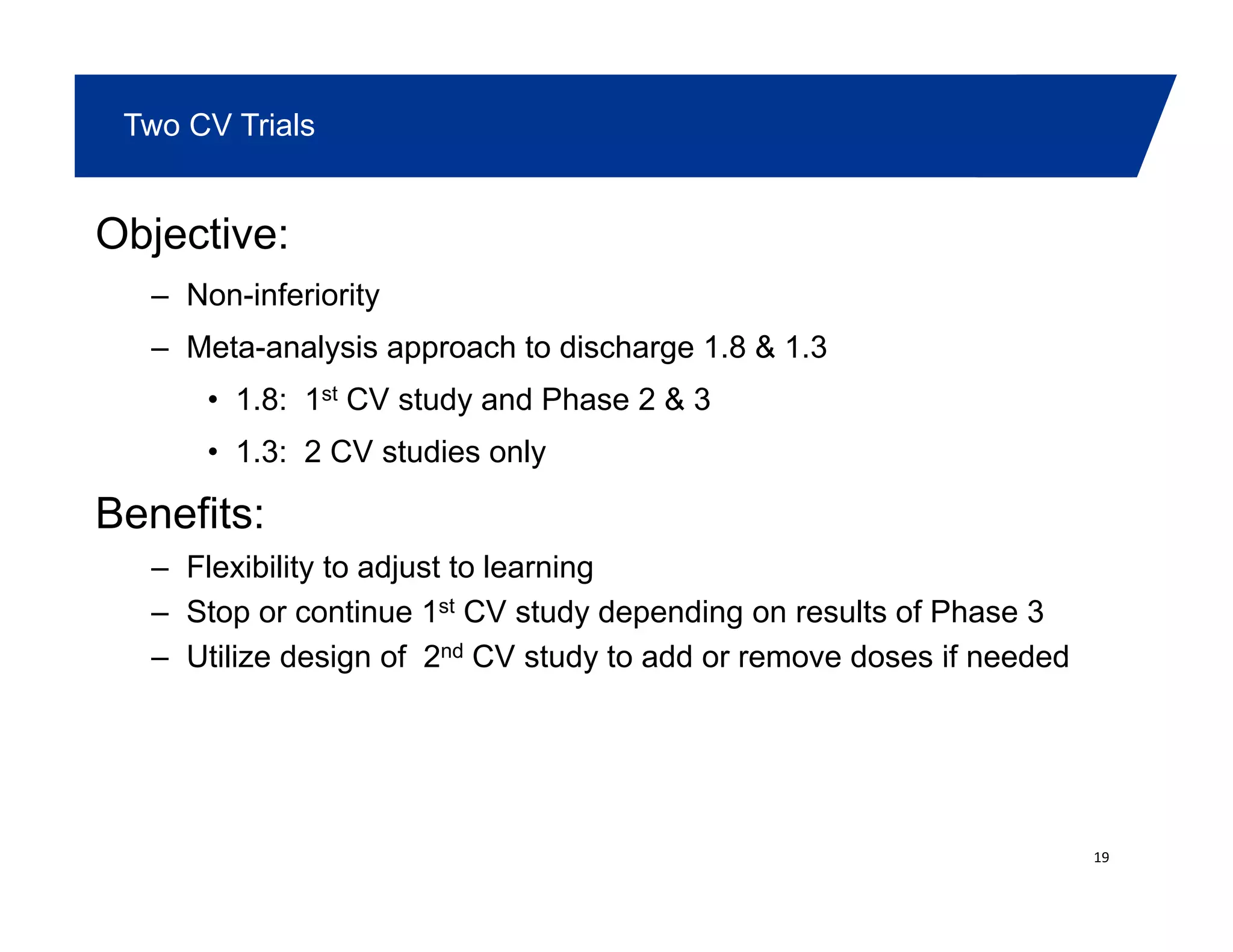 Two CV Trials
Objective:
Non inferiority– Non-inferiority
– Meta-analysis approach to discharge 1.8 & 1.3
• 1.8: 1st CV study and Phase 2 & 3y
• 1.3: 2 CV studies only
Benefits:
– Flexibility to adjust to learning
– Stop or continue 1st CV study depending on results of Phase 3
Utilize design of 2nd CV study to add or remove doses if needed– Utilize design of 2nd CV study to add or remove doses if needed
19
 