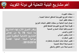 7 
أهم مشاريع البنية التحتية في دولة الكويت 
• محطات الك رباء 
• شبكات التوزيع الك ربائية ل مناطق السكنية الرديدة . 
• محطات تقطير المياه 
• إيصال المياه المنترة من محطات التقطير لشبكات التوزيع 
• تقوية شبكة التوزيع الك ربائية ل ضغط الفائق 
• تصميم وتنفي شبكات المراري الصحية 
• الطرق والرسور 
• انشاء وتطوير الموانئ 
• تطوير المطارات 
• تطوير شبكات تبادل المع ومات بالمطارات 
• تصميم شبكة السكك الحديدية 
• تصميم شبكة مترو الانفاق والمع ق 
ويقدر التمويل اللازم ل ه المشاريع 
بما نسبته 78 % من إرمالي 
المشاريع الانشائية المط وبة ضمن 
ميزانية السنة المالية القادمة 
2015/2016 . 
 