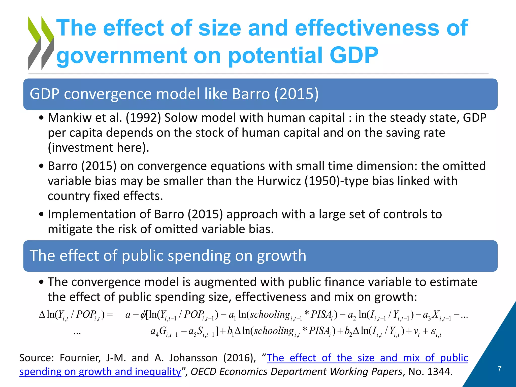 The effect of size and effectiveness of
government on potential GDP
7
GDP convergence model like Barro (2015)
• Mankiw et al. (1992) Solow model with human capital : in the steady state, GDP
per capita depends on the stock of human capital and on the saving rate
(investment here).
• Barro (2015) on convergence equations with small time dimension: the omitted
variable bias may be smaller than the Hurwicz (1950)-type bias linked with
country fixed effects.
• Implementation of Barro (2015) approach with a large set of controls to
mitigate the risk of omitted variable bias.
The effect of public spending on growth
• The convergence model is augmented with public finance variable to estimate
the effect of public spending size, effectiveness and mix on growth:
tittitiitititi
tititiitititititi
vYIbPISAschoolingbSaGa
XaYIaPISAschoolingaPOPYaPOPY
,,,2,11,51,4
1,31,1,21,11,1,,,
)/ln()*ln(]...
...)/ln()*ln()/[ln()/ln(
ε
φ
++∆+∆+−
−−−−−=∆
−−
−−−−−−
Source: Fournier, J-M. and A. Johansson (2016), “The effect of the size and mix of public
spending on growth and inequality”, OECD Economics Department Working Papers, No. 1344.
 