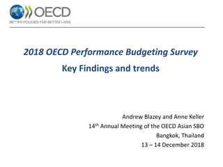 2018 OECD Performance Budgeting Survey
Key Findings and trends
Andrew Blazey and Anne Keller
14th Annual Meeting of the OECD Asian SBO
Bangkok, Thailand
13 – 14 December 2018
 