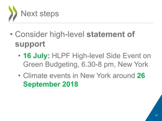 • Consider high-level statement of
support
• 16 July: HLPF High-level Side Event on
Green Budgeting, 6.30-8 pm, New York
• Climate events in New York around 26
September 2018
10
Next steps
 