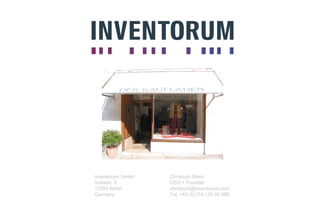 Inventorum GmbH
Voltastr. 5
13355 Berlin
Germany
Christoph Brem
CEO + Founder
christoph@inventorum.com
Tel. +49 (0)174 / 95 95 999
 