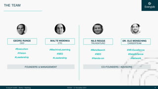 Everyjob GmbH – Berlin + Hamburg 8NOAH – 12 November 2015
THE TEAM
FOUNDERS & MANAGEMENT CO-FOUNDERS / ADVISORS
GEORG RUNGE
CEO
MALTE WIDENKA
CTO
NILS REGGE
TRUVENTURO
DR. OLE MENSCHING
CAREERTEAM
#MachineLearning
#SEO
#Leadership
#Execution
#Vision
#Leadership
#MetaSearch
#SEO
#Hands-on
#HR-Excellence
#DataScience
#Network
 