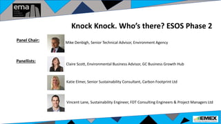 Claire Scott, Environmental Business Advisor, GC Business Growth Hub
Katie Elmer, Senior Sustainability Consultant, Carbon Footprint Ltd
Vincent Lane, Sustainability Engineer, FDT Consulting Engineers & Project Managers Ltd
Mike Denbigh, Senior Technical Advisor, Environment Agency
Knock Knock. Who’s there? ESOS Phase 2
Panellists:
Panel Chair:
 